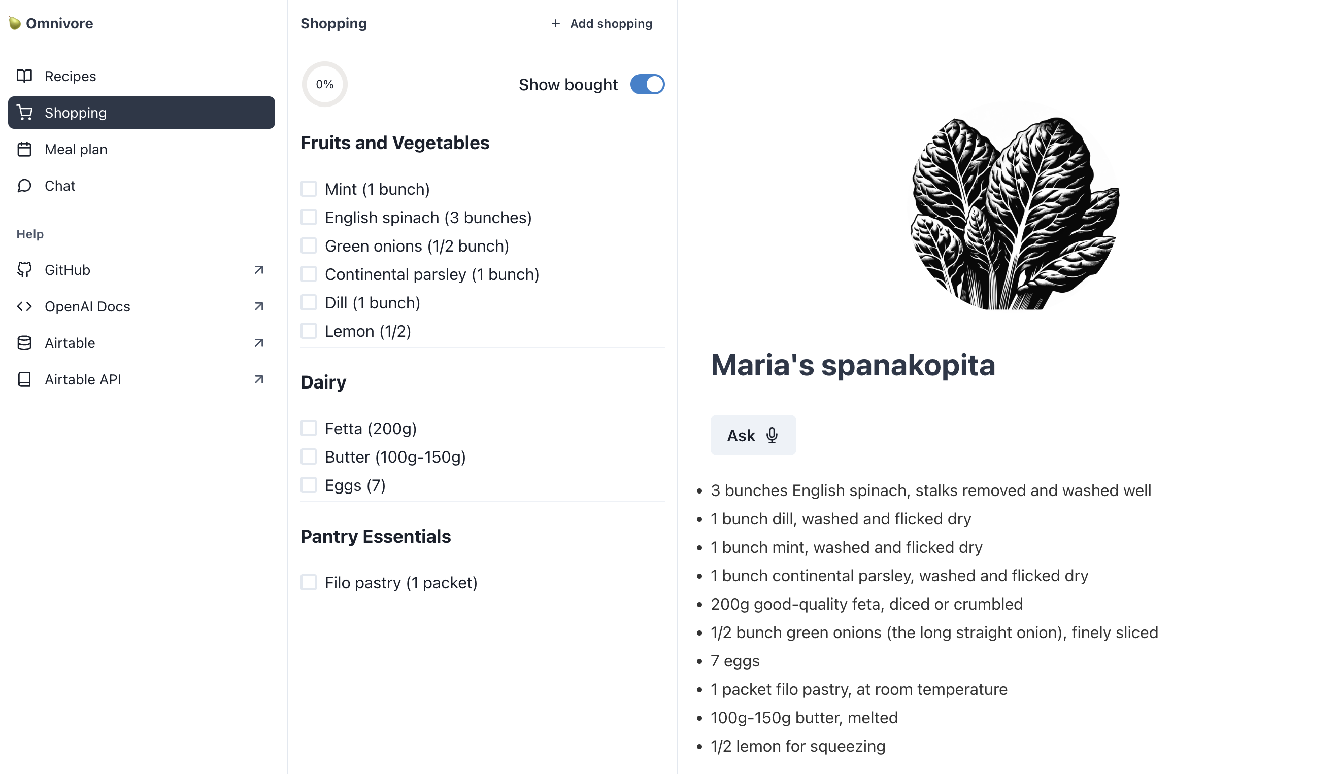 Detailed recipe view