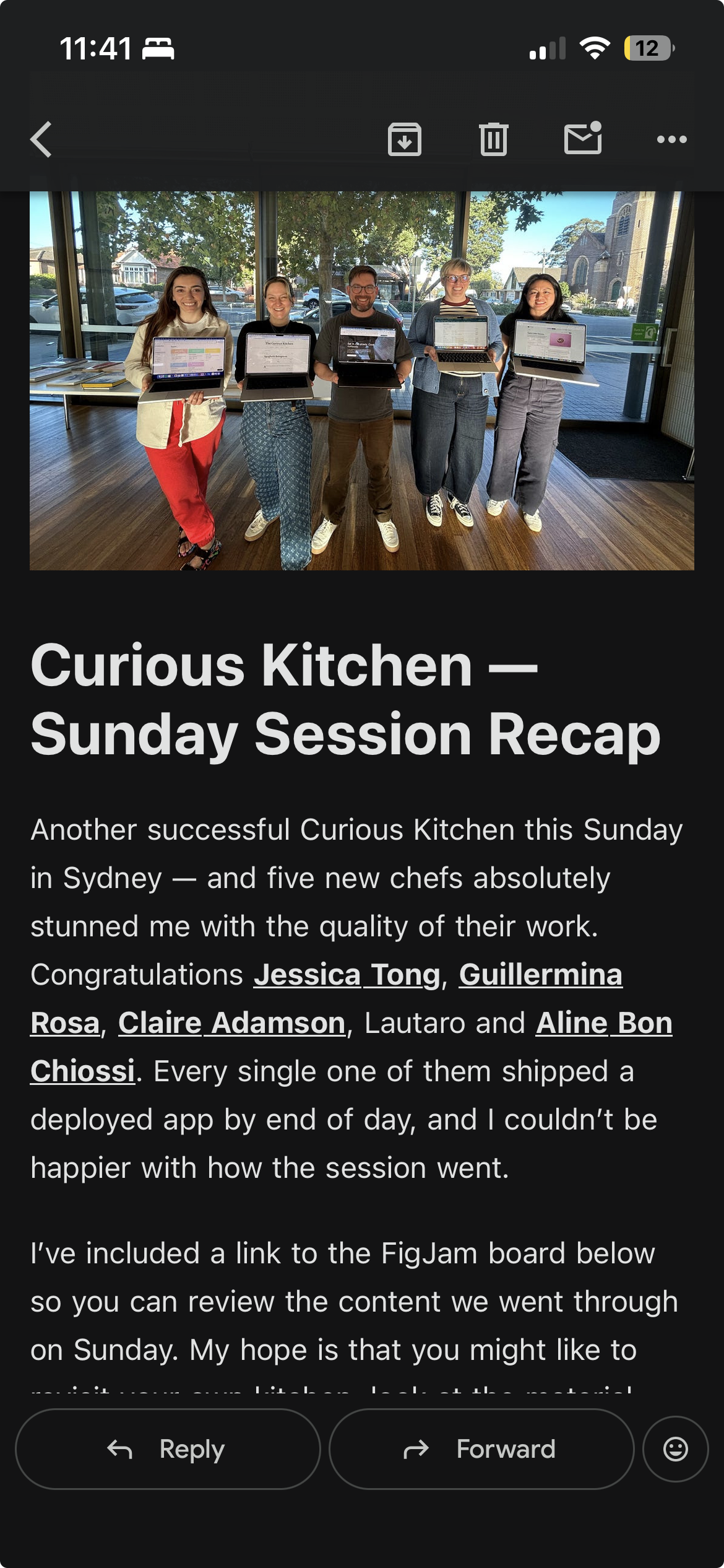 Substack email titled 'Curious Kitchen — Sunday Session Recap', with a photo of five workshop participants holding laptops showing their deployed apps.